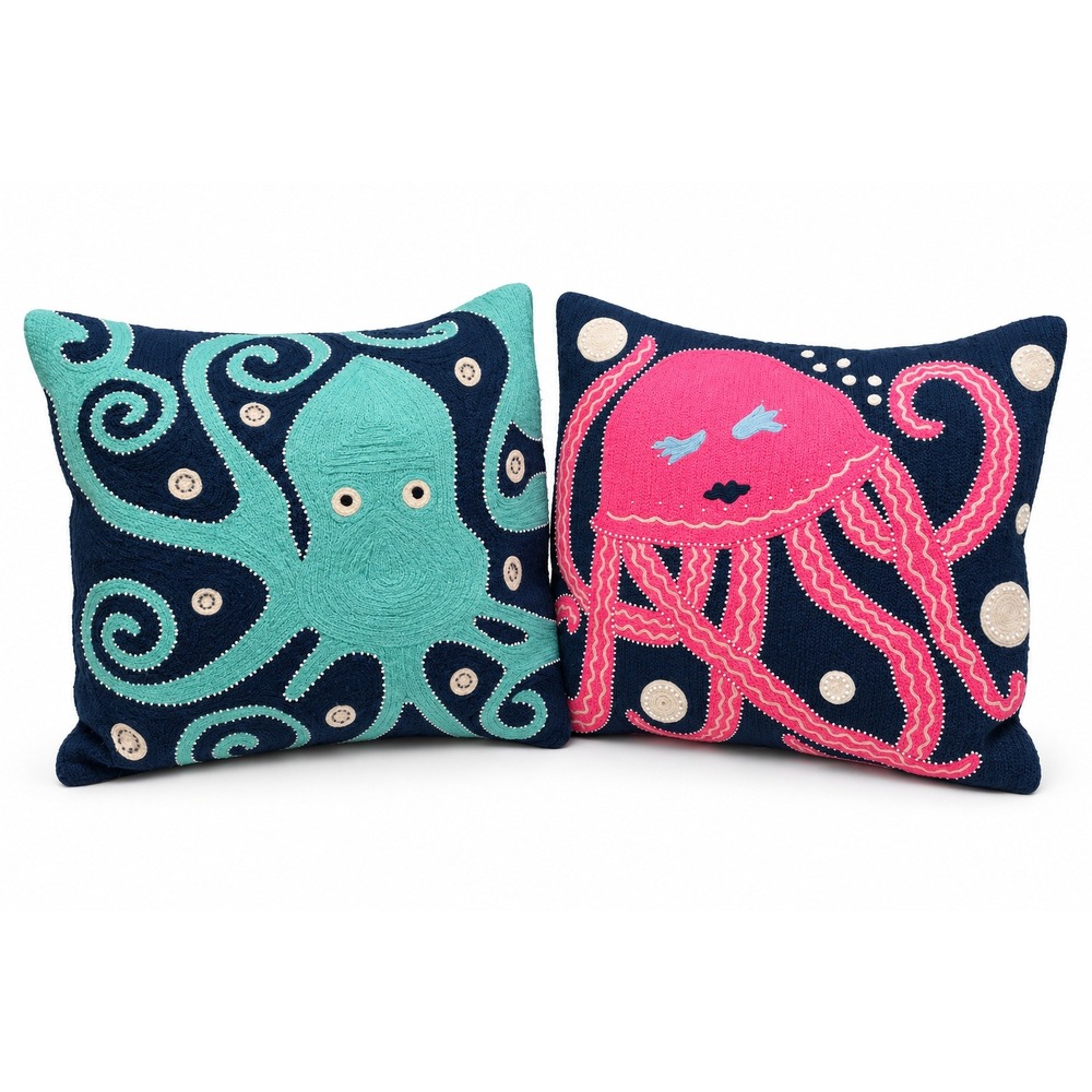 Pottery Barn Kids Octopus Jellyfish Pillows 16x16 Embroidered Coastal Set 2